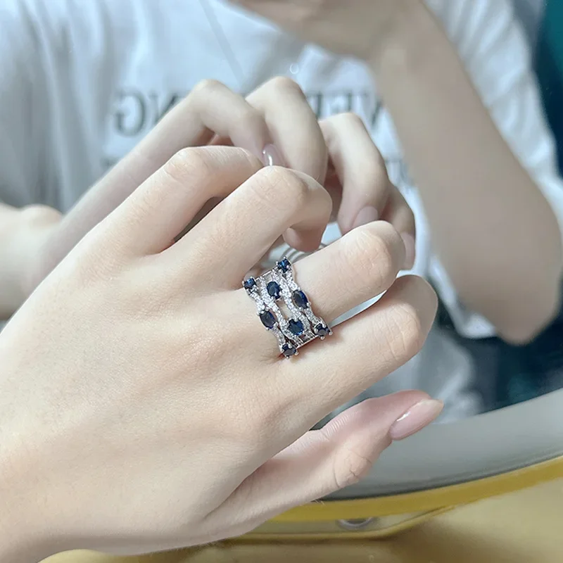 

MDL Moissanite Style.Vintage Blue Translucent Tourmaline Ring 18K Rose Full Diamonds Open End Ring