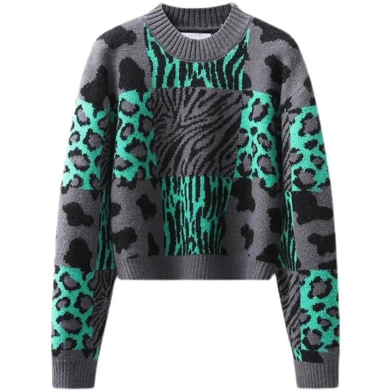 

Полуводолазка с леопардовым принтом, женский пуловер, зимний новый зарубежный стиль, ретро, вязаная нижняя рубашка с круглым вырезом, утолщенная