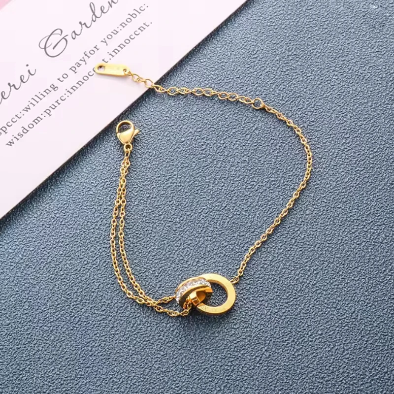 Classic Stainless Steel Dazzling Zircon Bracelet Women Girls Roman Number Double Ring Design Fashion Charm Party Jewelry Gifts