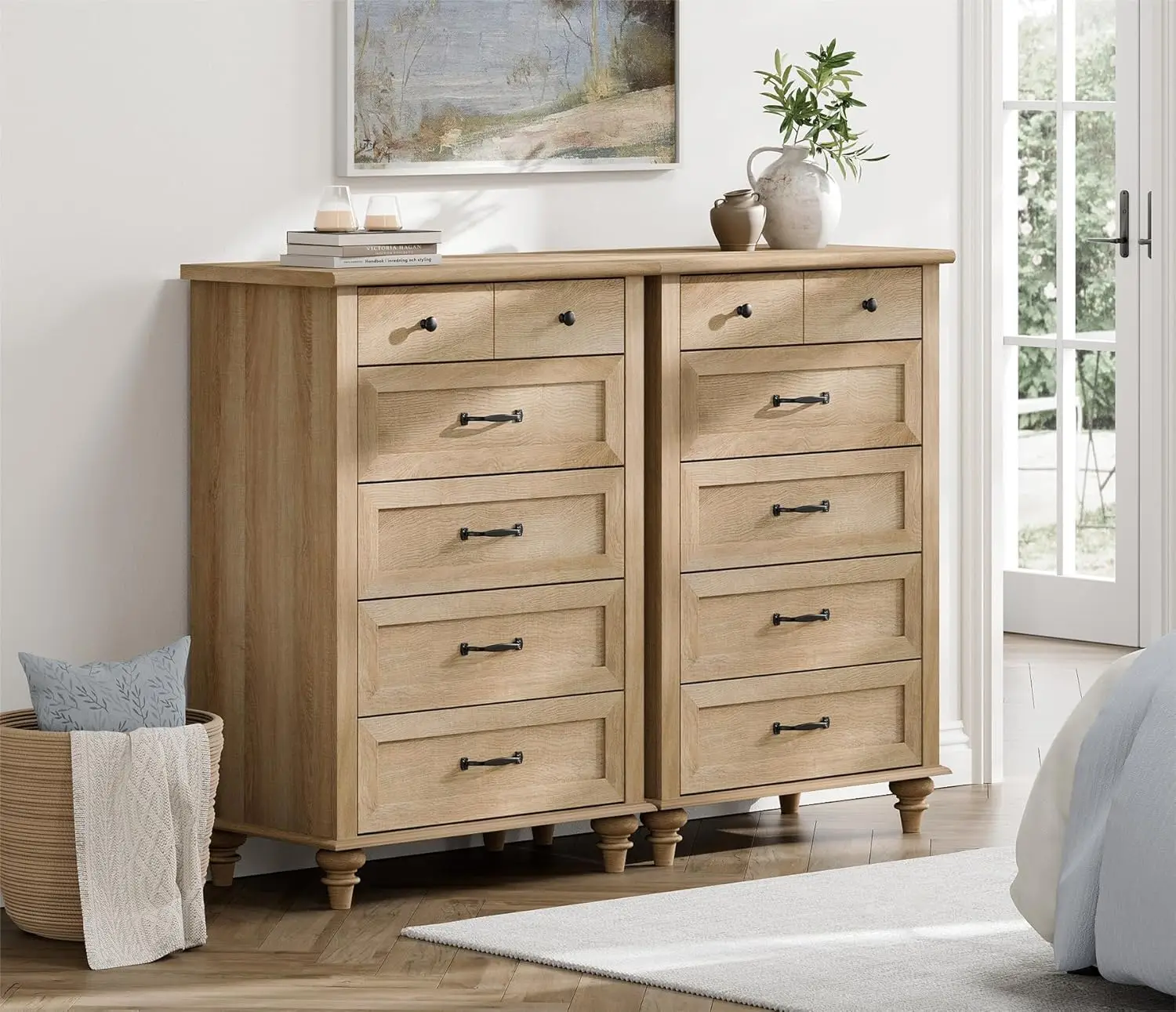 Wampat Wide Dresser For Bedroom With 10 Drawers, Farmhouse Chest Of Drawers With Solid Wood Legs, Tall Dresser Set Storage