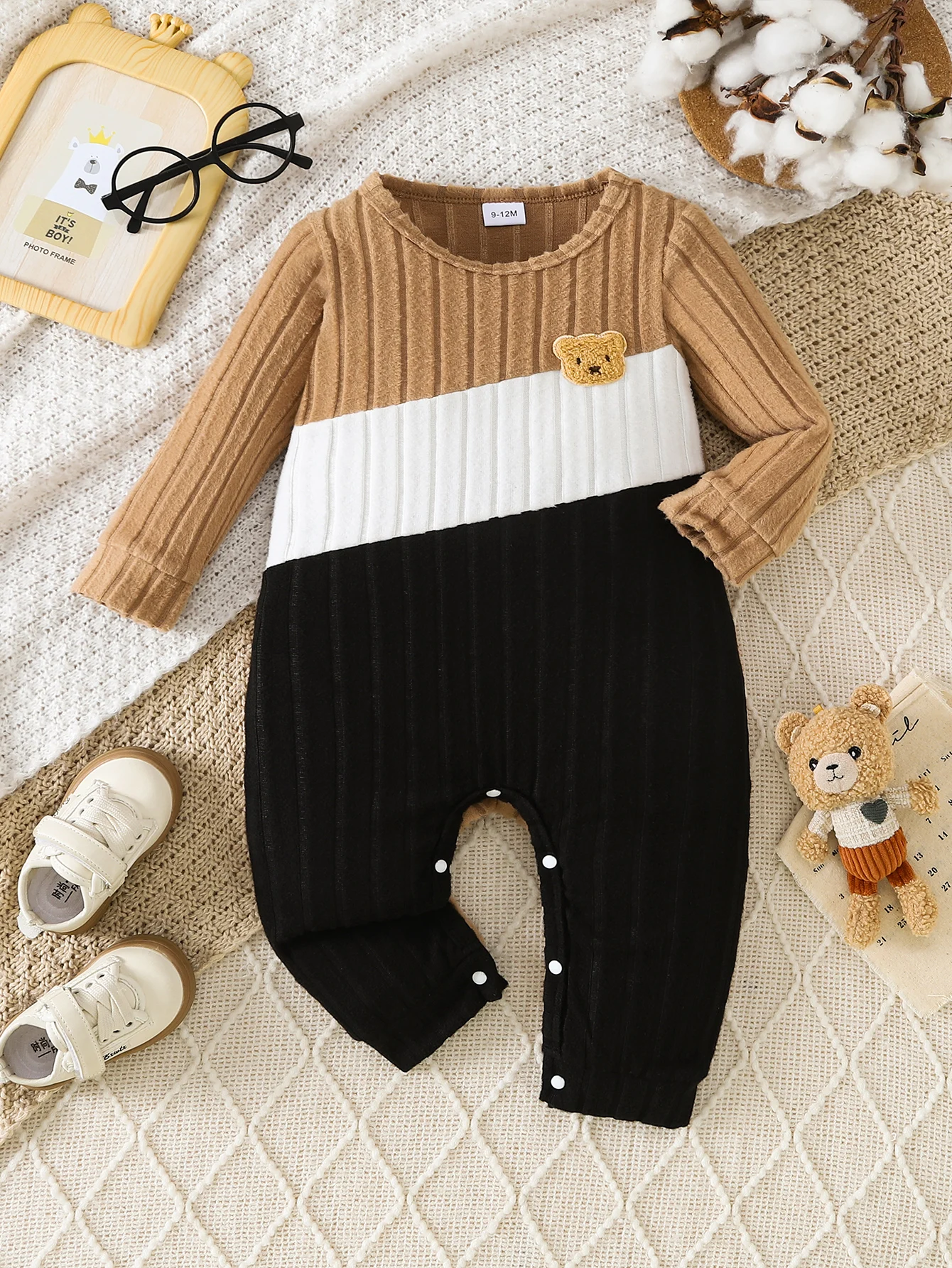 Spring and Autumn Popular Style Brown and White Color-Block Bear Baby Onesie (Knitted Skin-Friendly Style) | With Ribbed Texture