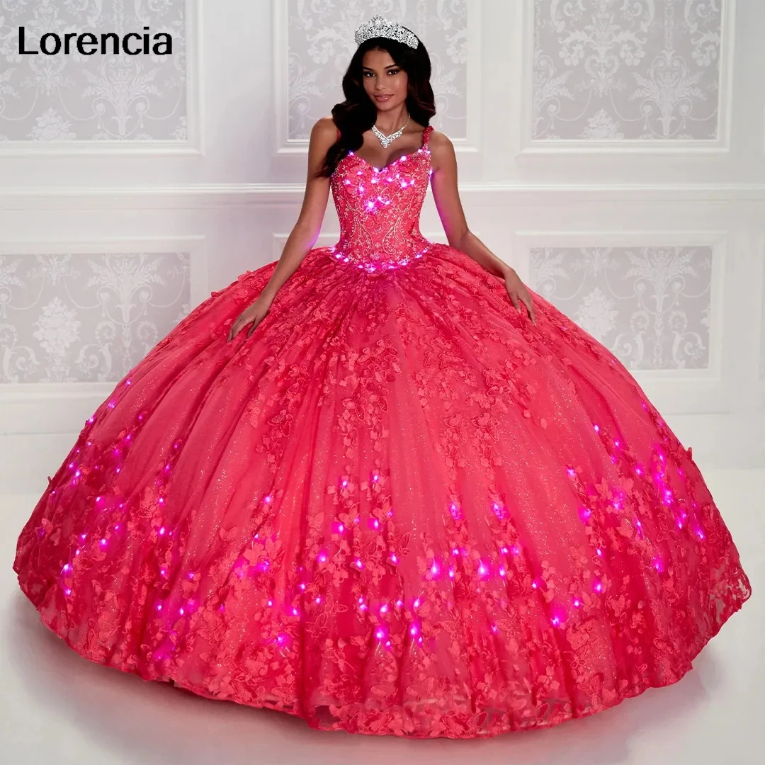 

Lorencia Hot Pink Quinceanera Dress Ball Gown Lace Applique Butterfly Beading With Cape Sweet 16 Vestidos De 15 Años YQD781