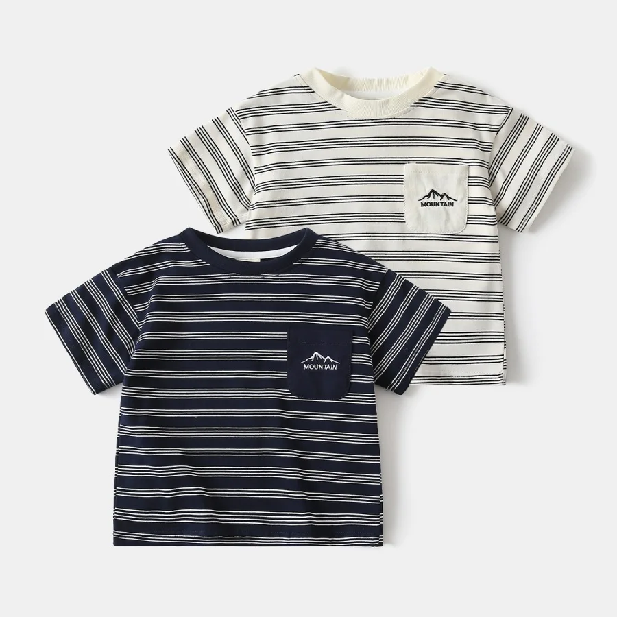 2-7Y Kid's Short Sleeve O-neck T Shirts Summer Striped Tops Tees For Boys , Children's Pocket Fashoin T-Shirt Clothes H86-19