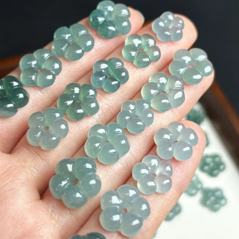 10PC Hand Carved Natural Burma Blue Water Jadeite Five Petal Flower Loose Gemstone Beads DIY Bracelet Earring Making Accessories view 6