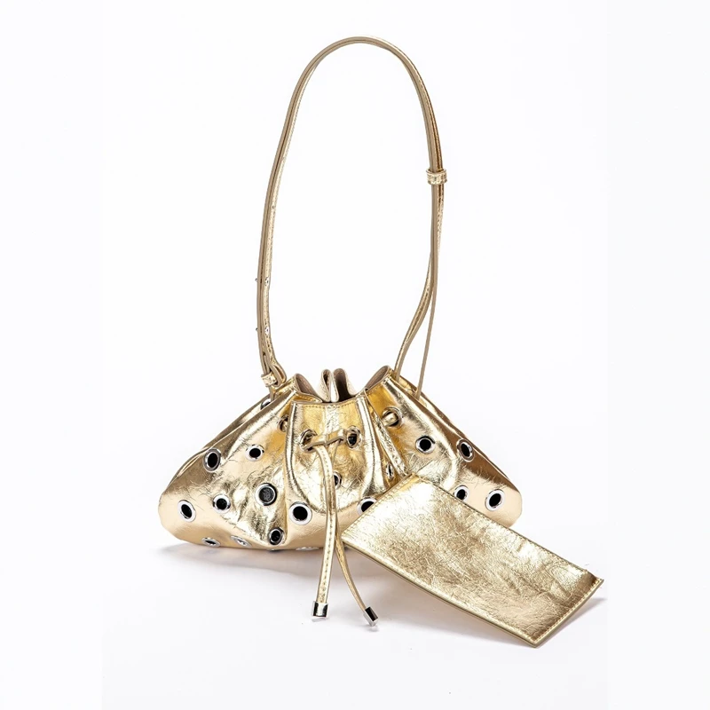 

Women Rivet Bucket Handbag Large Capacity Metal Stud Y2k Shoulder Bag Drawstring Crossbody Bag Shopping Vacation Handbag