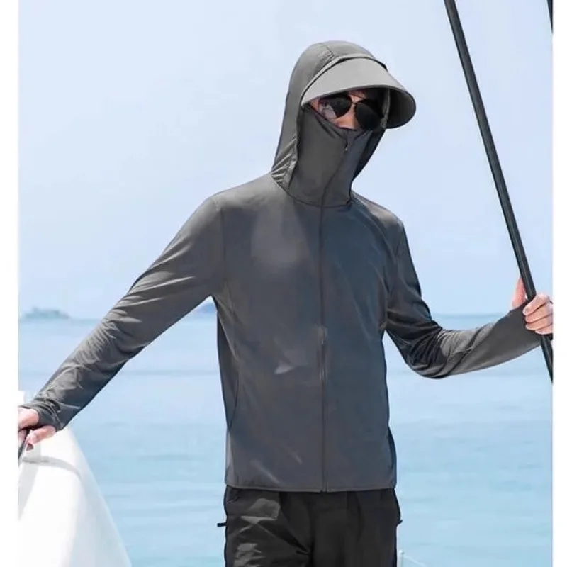 Men Summer Ultra-thin Sun Protection Jacket Outdoor Breathable Quick Drying Hooded Pocket Long Sleeve Sun Shirt Detachable Brim