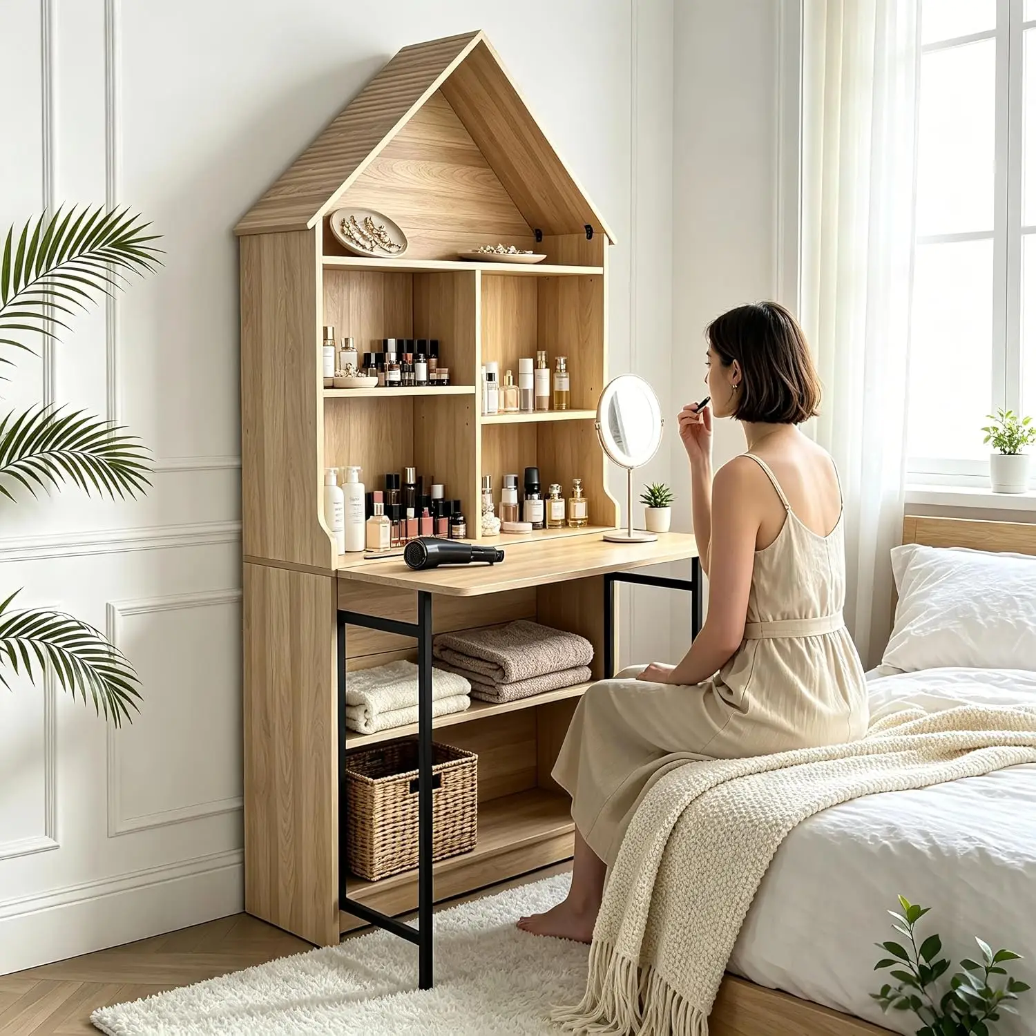 House-Shaped Storage Shelf with Hidden Fold-Out Desk, Multi-Functional Convertible Table with Cable Management, Customized