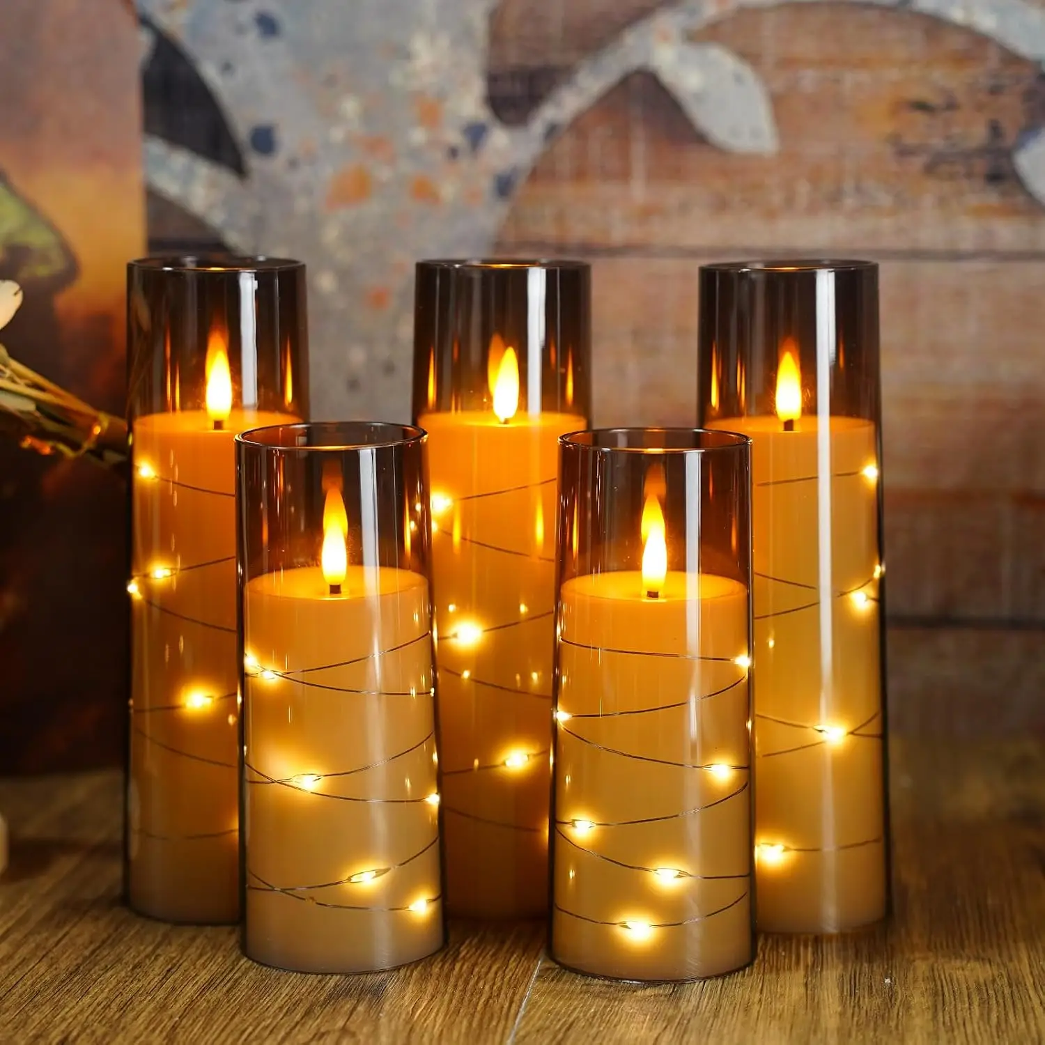 Acrylic LED Candles with Fairy Lights, Flameless Flickering Battery Candles, Decorative Lights for Halloween, Home and Party