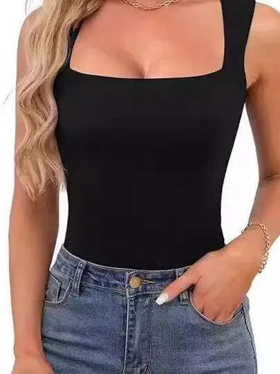 Cross-Border Spicy Girl Shoulder Bared Sleeveless Tank Top Women's Summer Fashion Square Collar Ribbed Strap Upper Women's T-...
