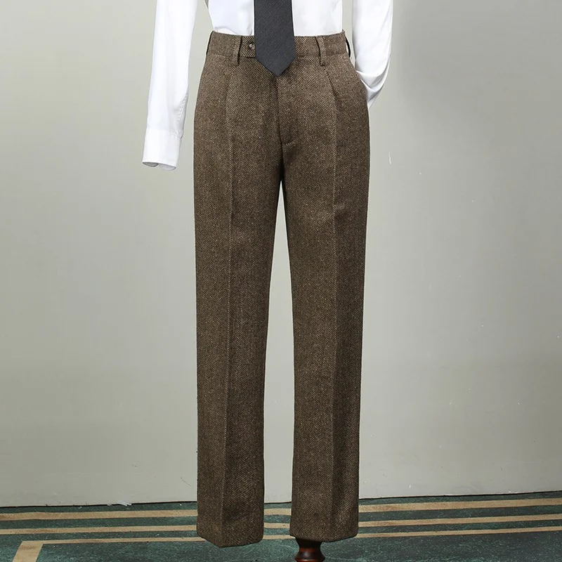 

Italian Vintage Suit Pant For Men Autumn Winter Wool Herringbone Pattern Straight Trousers British Style Business Casual Pants