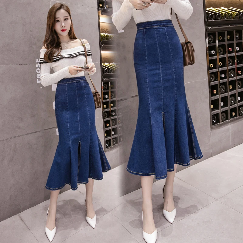 

Fish Tail Denim Skirt Women Mid-Calf Mermaid Trumpet Long Skirt Ruffles Zipper Empire High Waist Jeans Stretchy 2022