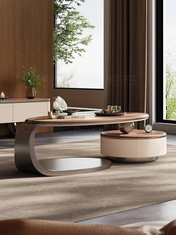 Modern minimalist luxury stone, solid wood, tree leaves, rock panel coffee table