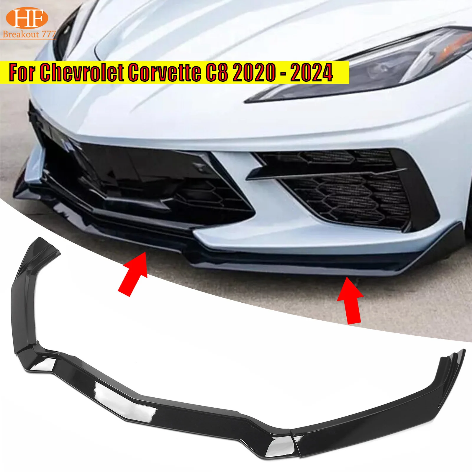 For 2020- 24 Corvette C8 Z51 STG 5VM Style Gloss Black Front Bumper Lip Splitter