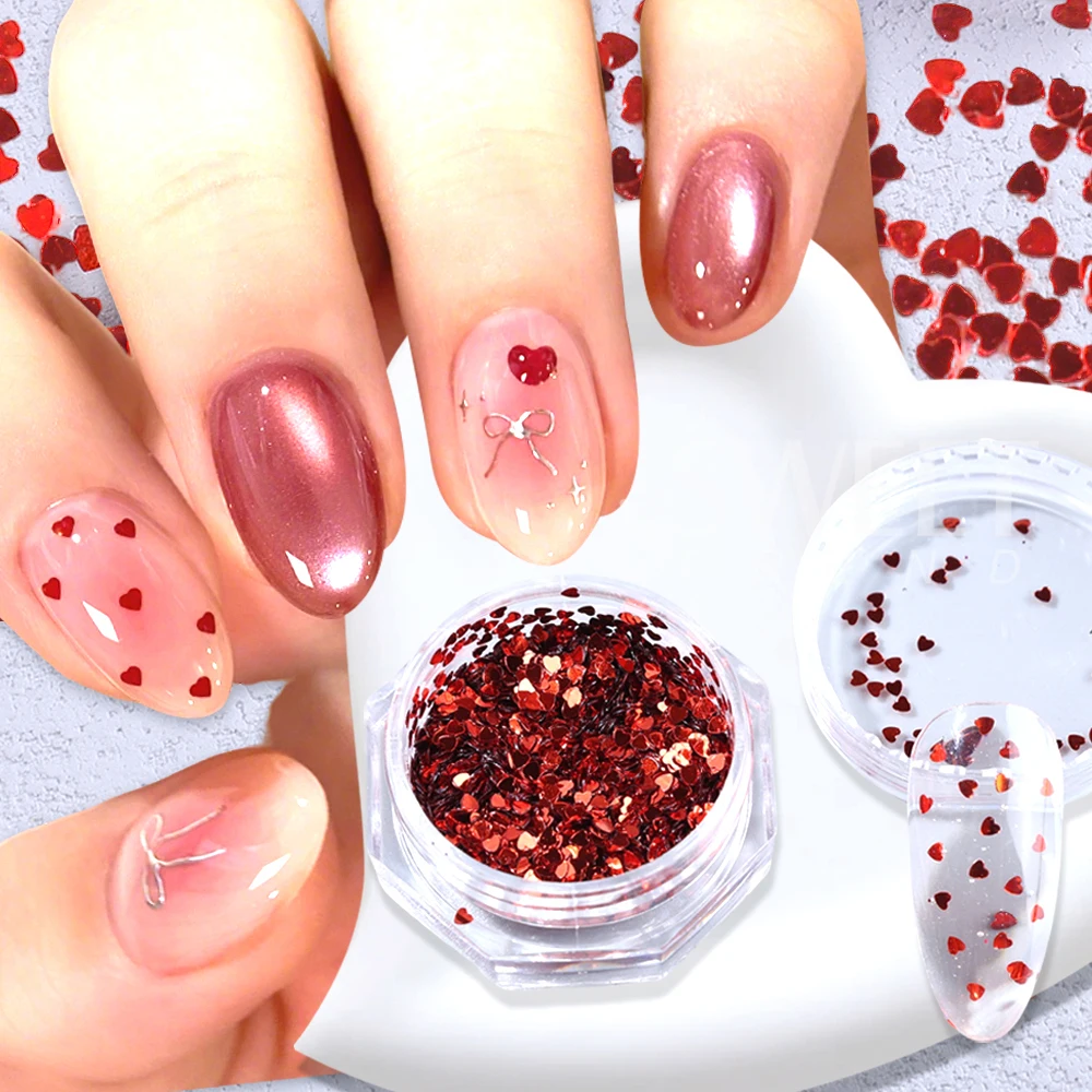 กลิตเตอร์ตกแต่งเล็บรูปหัวใจสีแดงสดใส 4/12 กล่อง/ชุด สำหรับทำเล็บ 3 มิติ ตกแต่งเล็บวันวาเลนไทน์