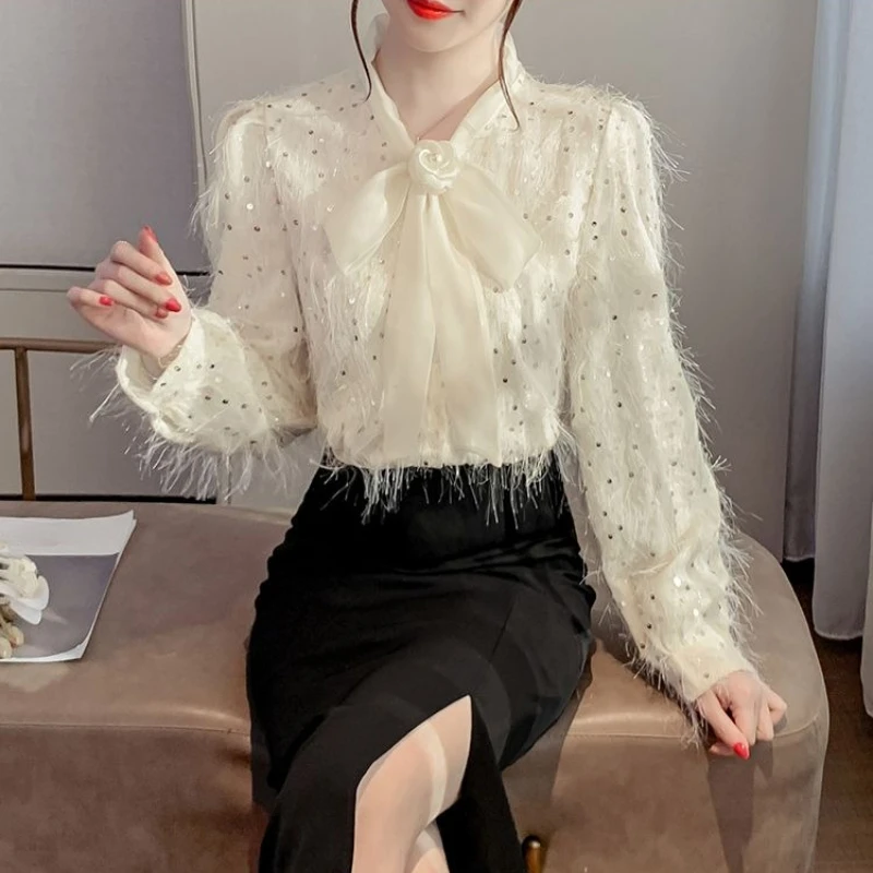 

Bow Chiffon Blouse 2026 Korean Style Sparkling Sequin Fringe Top Fashion Long Sleeve Women's Shirt