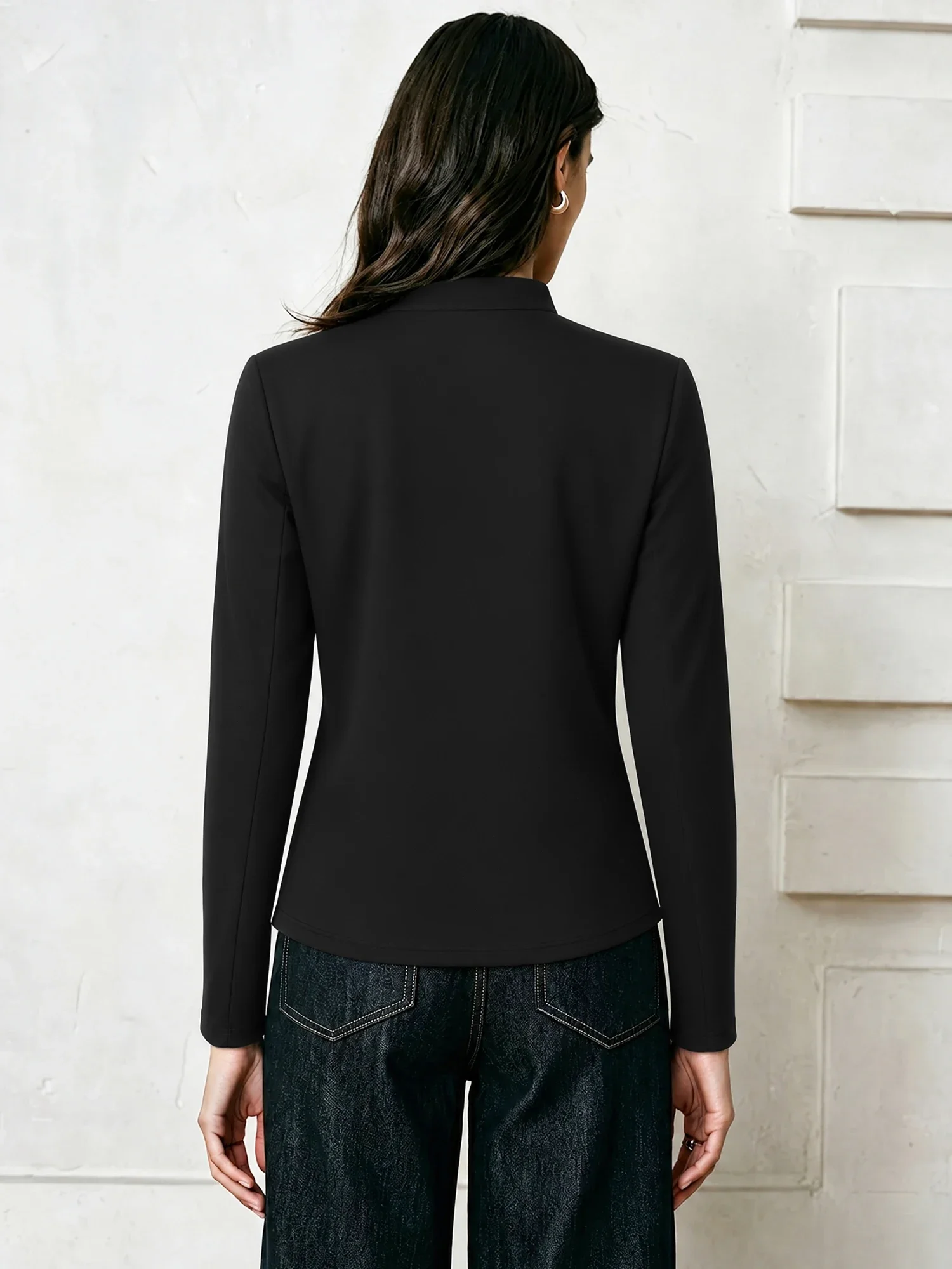 Fashion Women Mandarin Collar Open Blazer No Button Slim Fit Solid Color Spring Fall Suit Outer Coat