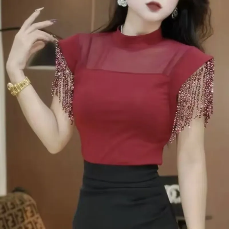 Summer Women Mesh Hollow-out Beading Tassels T-Shirt 2025 Female Short Sleeve Tops Sexy Ladies Black Slim-fit T-shirt