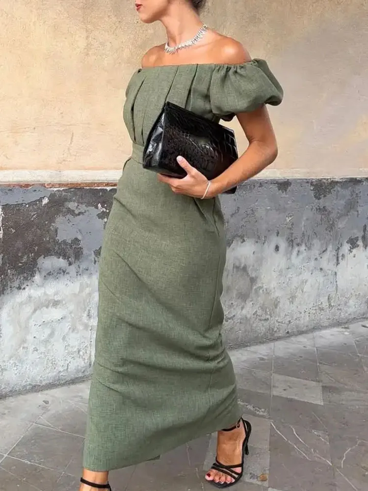 Summer Fashion Off Shoulder High Waist Banquet Dress Simple Casual Maxi Dress Office Temperament Puff Sleeve Women's Long Dress