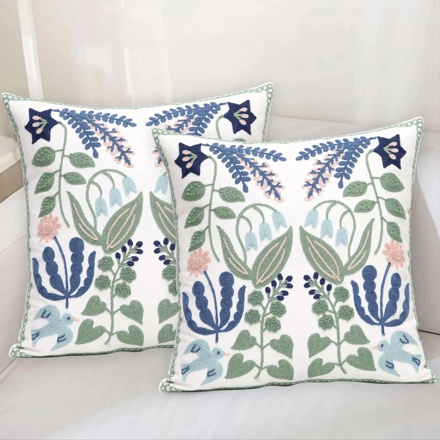 Pack of 2 Embroidered Decorative Throw Pillow Cover 18x18 Inch Farmhouse Floral Pillowcase for Living Room Sofa Bed (Bird Flower
