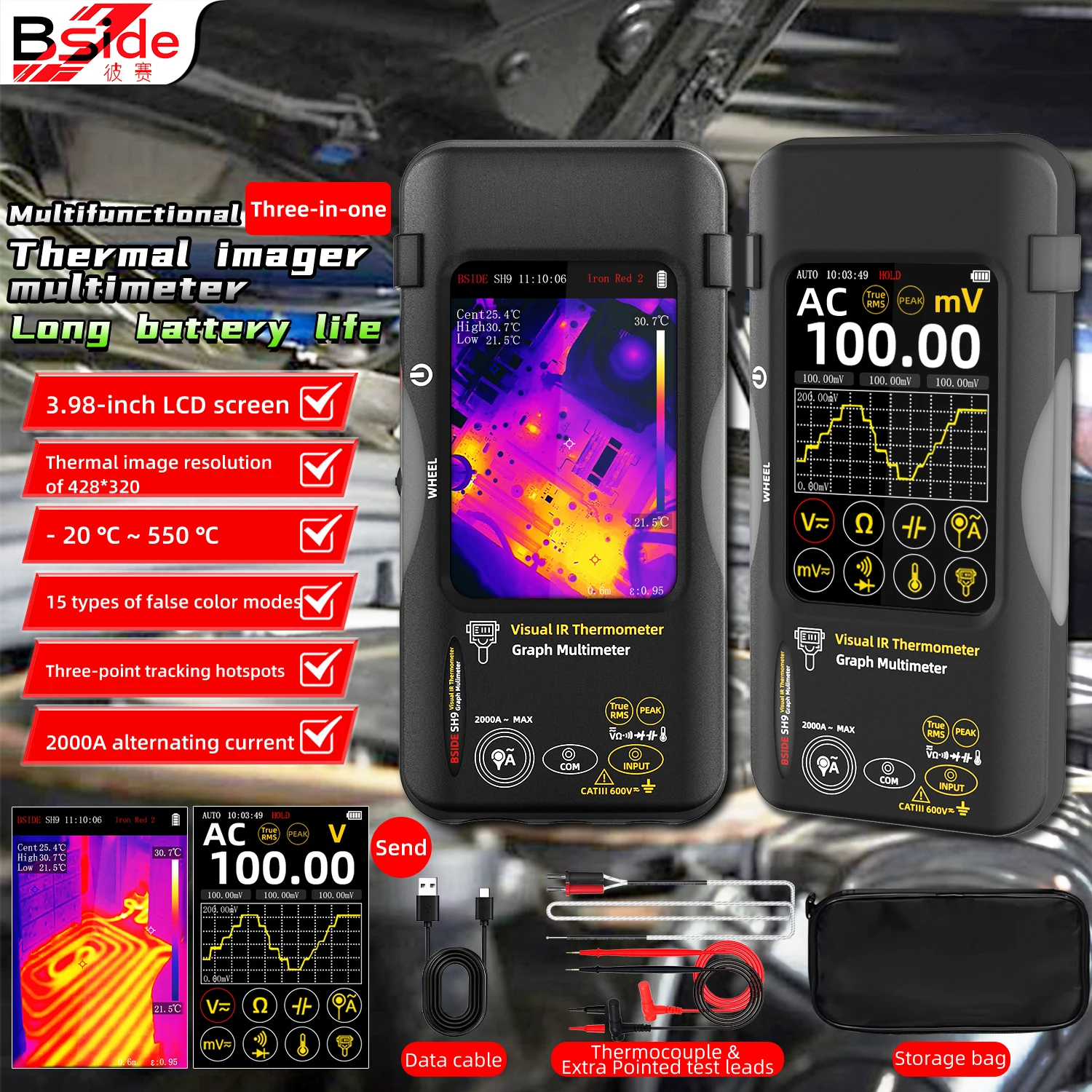 

BSIDE SH9 NEW Thermal imaging Multimeter 137K IR Resolution Dual-spectrum Fusion Imaging 20k Counts tester Touch screen USB-C​