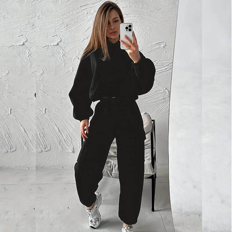 طقم سراويل الركض الرياضية النسائية الكاجوال المكونة من قطعتين بأكمام طويلة مع طقم سويت شيرت بجيب