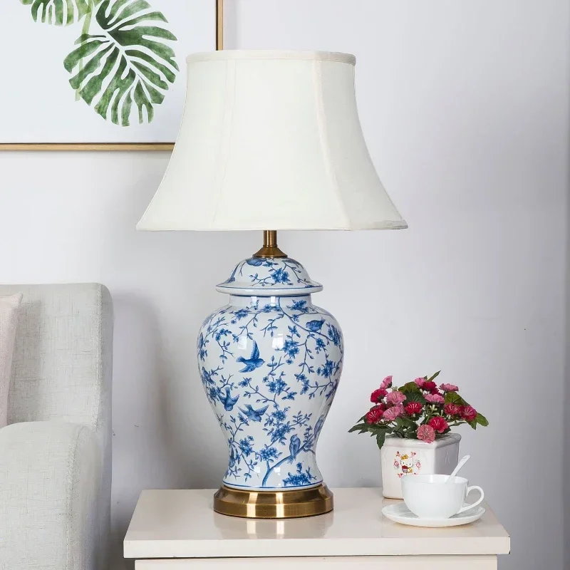 SANDYHA Chinese Ceramic Table Lamp Bedroom Night Stand Led Light Study Lighting for Living Room Decor Home Pattern Fabric Design