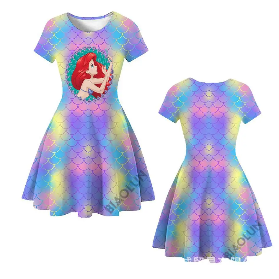 Robe de princesse petite sirène pour filles, Costume d'été à manches courtes, imprimé en 3D, Costume de Cosplay Ariel, vêtements de fête d'anniversaire de carnaval pour enfants