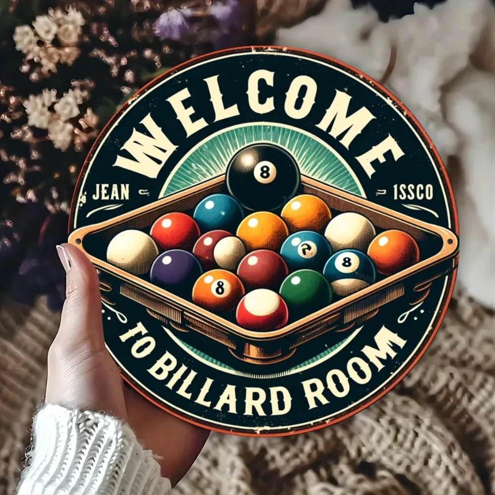 Vintage Round Aluminum Billiards Sign - Decorative Sign for Pool Cues and Balls in Bars, Game Rooms, and Gyms