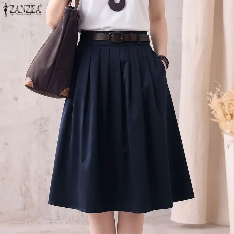 ZANZEA Women Casual Knee Length Skirt Summer High Waist A-Line Pleated Skirt Office Workwear Solid Faldas Saia Jupe Without Belt