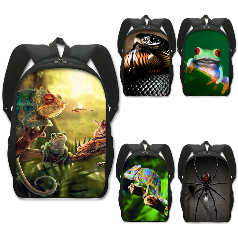 Répteis Pet Frog Chameleon Snak Spider Print Mochila para Homens e Mulheres, Bolsas de Ombro para Viagem, Sacos Escolares para Crianças, Kids Book Bag