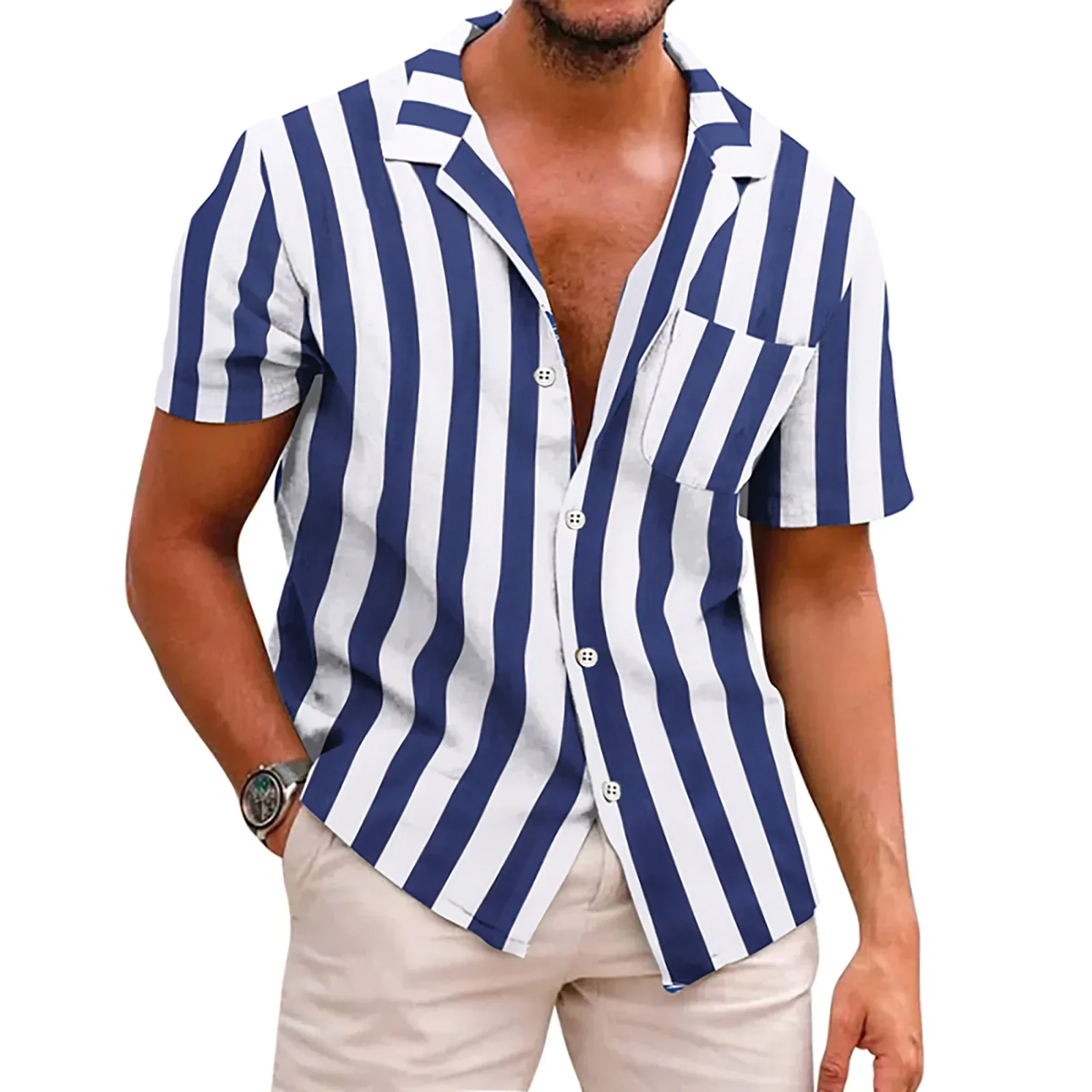 Fashion Men Black White Stripe Shirts Summer Clothes Short Sleeve Oversized Shirt Mens Cardigan Hawaiian Shirt Camisa Masculina