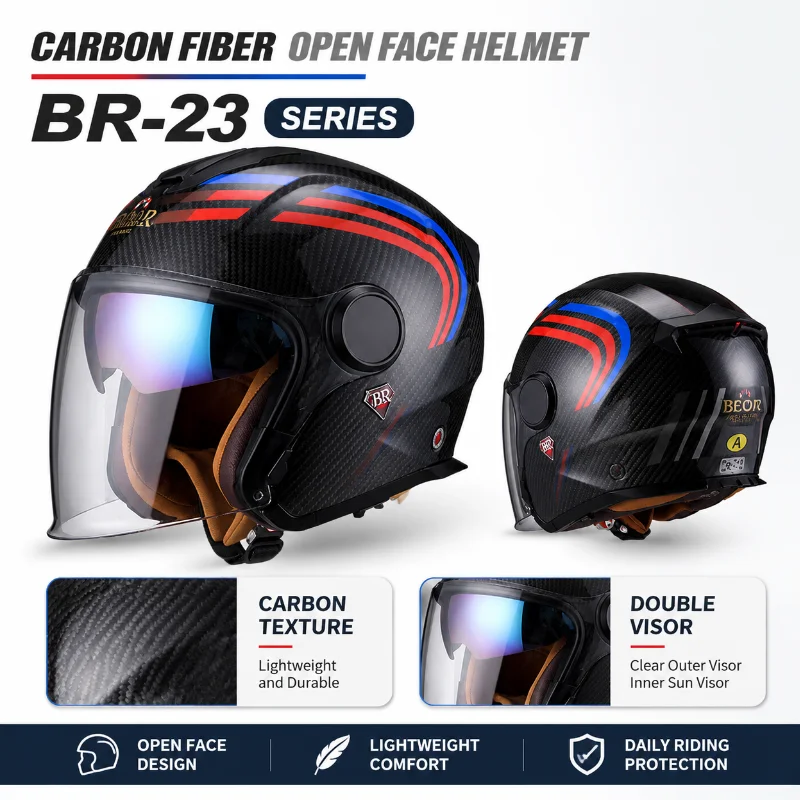 BEON BR-23 Carbon Fiber Motorcycle Helmet Open Face Retro Half Helmet Double Visor Scooter Riding Helmet Men Women