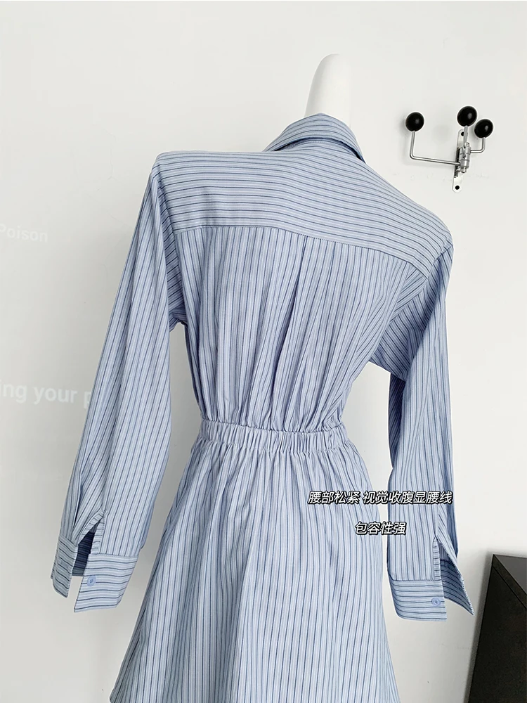 Autumn Korean Preppy Style Striped Shirt Dress With Tie Women 2000s Aesthetic Pleated Frocks Long Sleeve One-Piece Party Y2k New