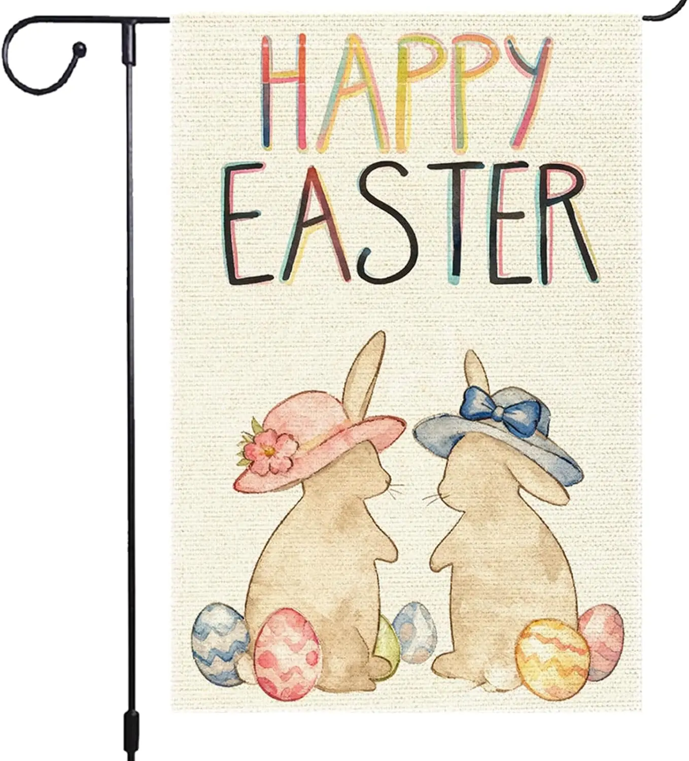 Spring Easter Garden Flag 12x18 Inch Double Sided Burlap Flag Happy Easter Watercolor Bunnies Hats Patterned Eggs Outdoor Fl ZZM
