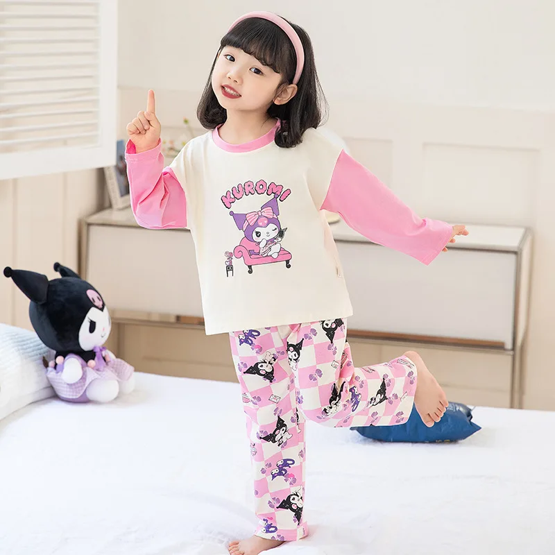 

Spring Autumn Kuromi Anime Sanrio Girls Homewear Shirt Pants Cute Cartoon Cotton Pajamas Casual Clothing Ins Gifts for Kids