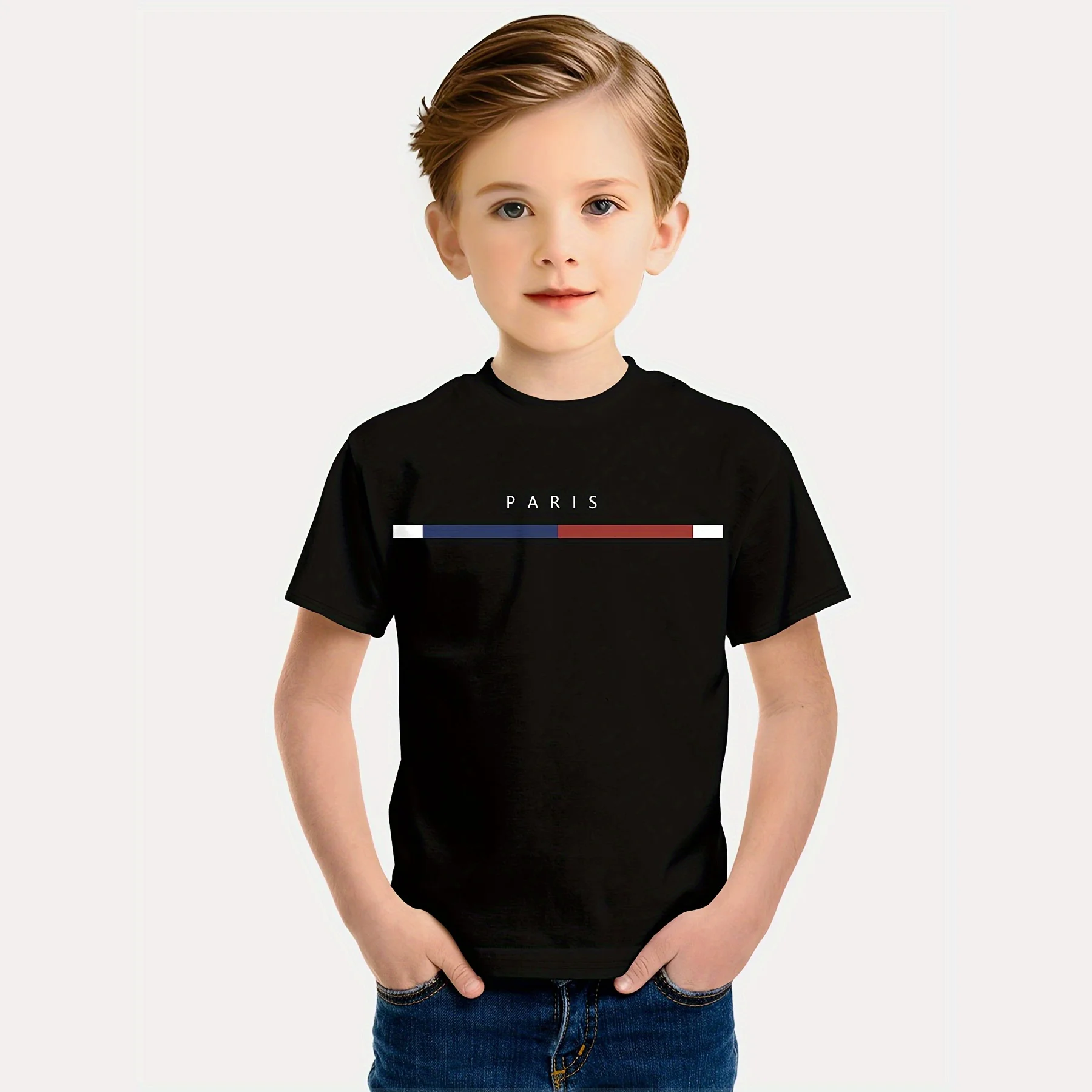 Kids Boys Clothes Simple Paris Letter Print Short Sleeve T Shirt Children Boys 2 to 9 Years Casual Comfortable Tees Children Top