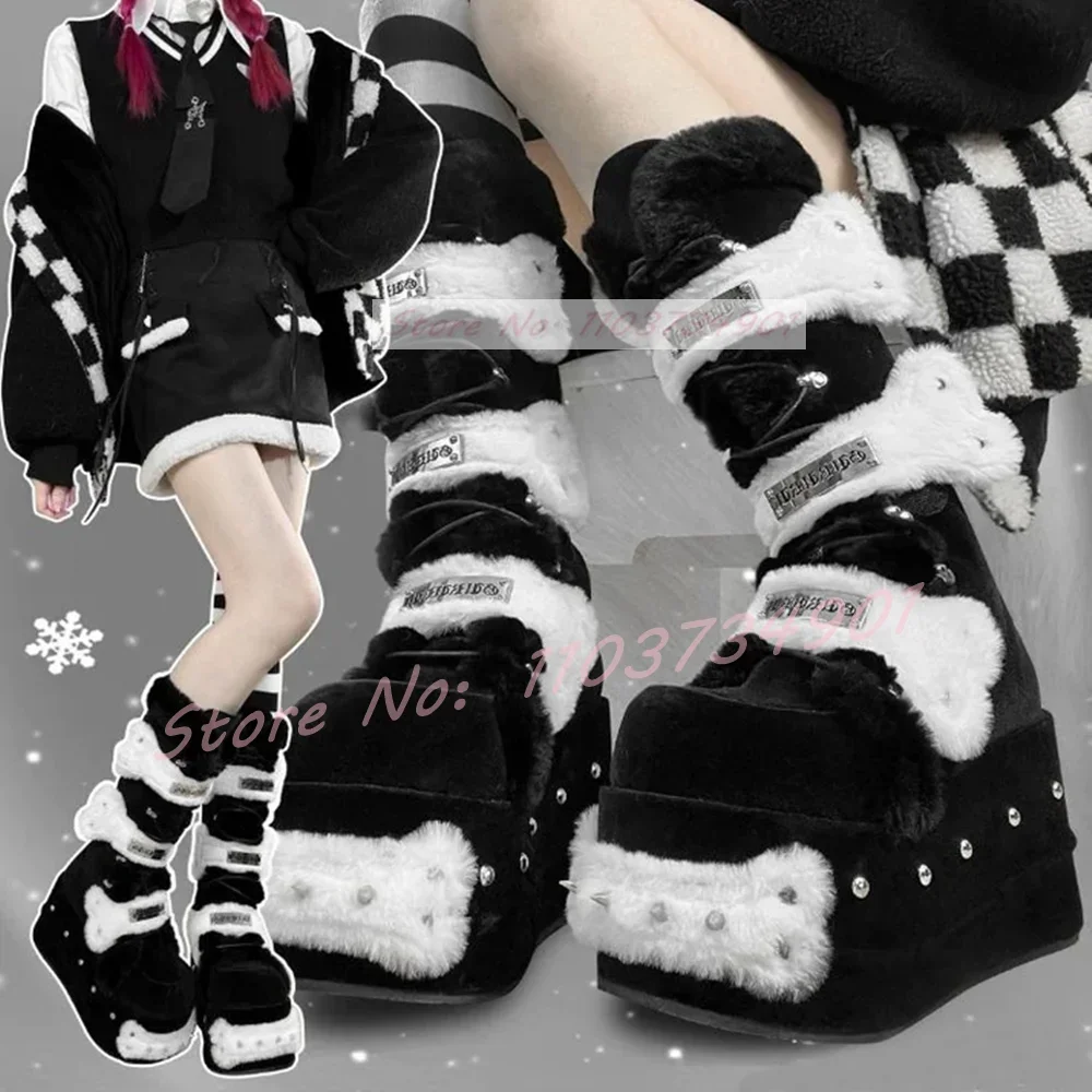 Fluffy Furry Rivets Satin Mid Calf Boots Ladies Round Toe Thick Sole High Heels Shoes Women Lace Up Sexy Fashion Sweet Boots