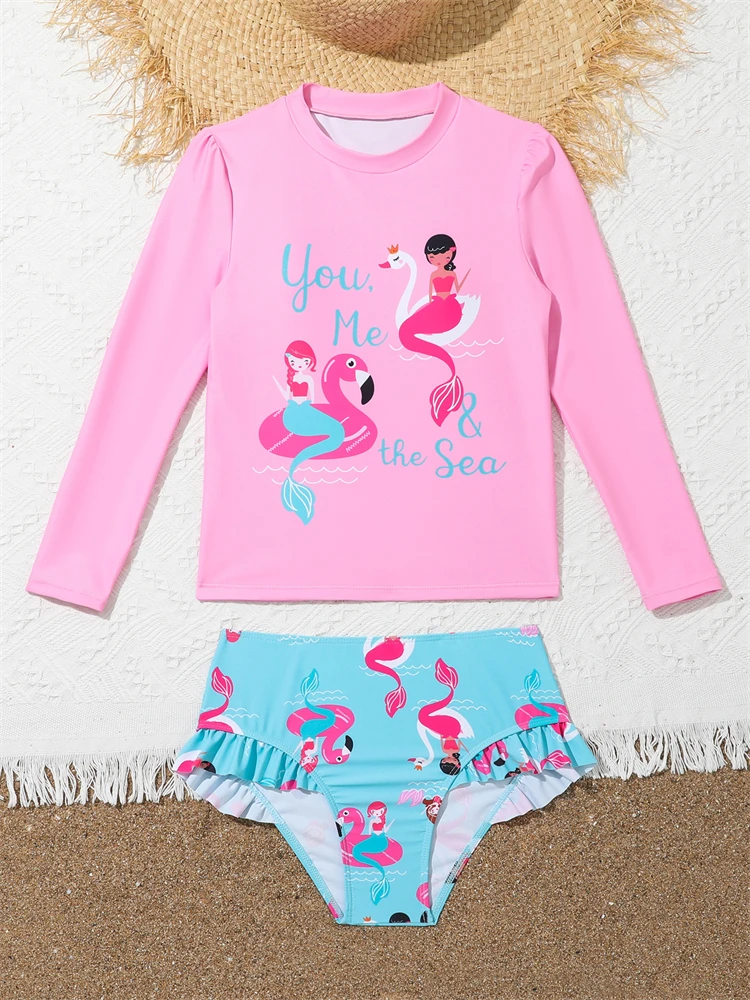 Girls Swimsuit 2024 New Pink Print Long Sleeve Children Swimwear Brief Summer 2 Piece Kids Beachwear Swimming Bathing Suit Girl