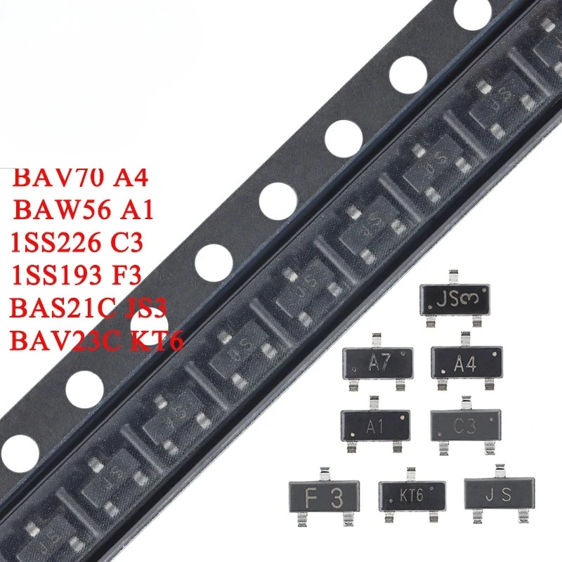 100pcs/lot BAW56 A1 BAV70 A4 BAV99 A7 BAV23C KT6 BAS21C JS3 BAS21 JS 1SS226 C3 1SS193 F3 SOT-23 SMD Switch Diodes