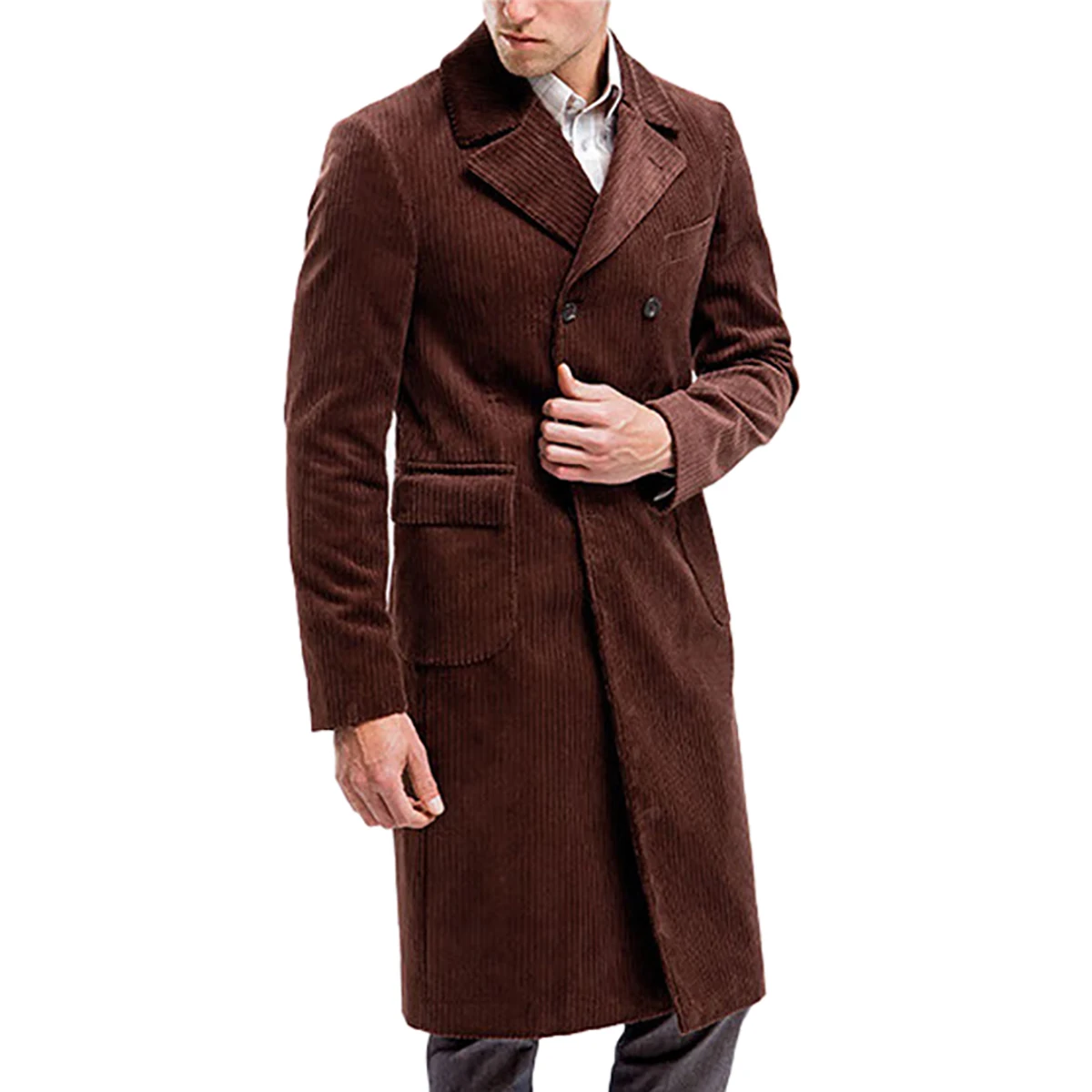 Retro Men's Striped Long Coat Wool Cotton Peaked Lapel Coat Double Breasted 1 Piece Warm Coats Custom Size