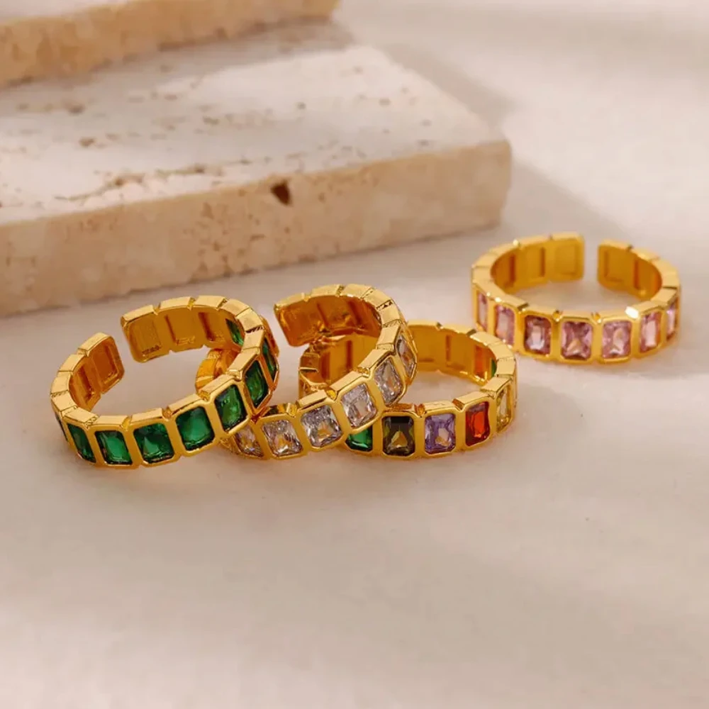 1/4 Pairs Adjustable Rectangle Copper Pave CZ Stone Golden Colorful Green Open Cuff Rings for Women Jewelry Set Christmas Gift