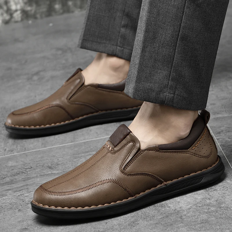 

Luxury Brand Brown Genuine Leather Men Handmade Casual Shoes Men Spring Loafers Breathable Slip on Italian Comfort Driving Shoes