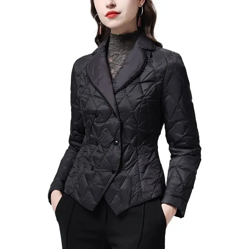 2025 Women Thin Parkas Coat Korean Female Long Sleeves Cotton Padded Jacket Winter Ladies Double-breasted Collar Puffer Outwear