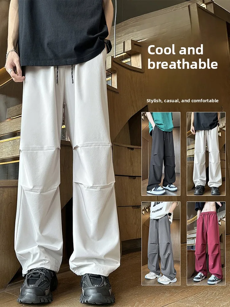 

Ice Silk Pleated Men's Summer Thin American Functional Qui Dry Paratrooper Pants Loose Straight Casual Long Trousers