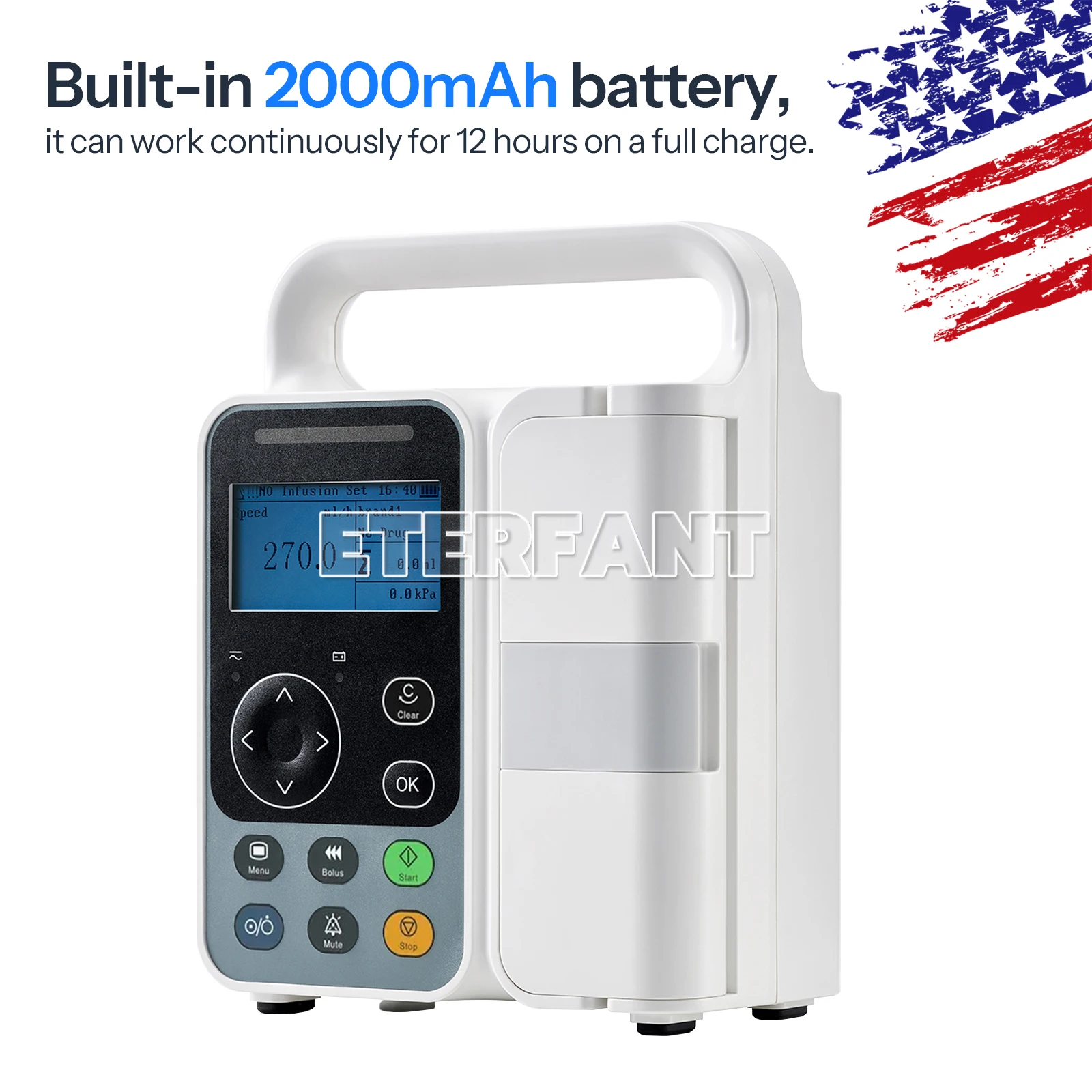 

ETERFANT IP3 Portable Infusion Pump Real-time Alarm LCD Display Built-in 2000mAh Battery KVO Mode
