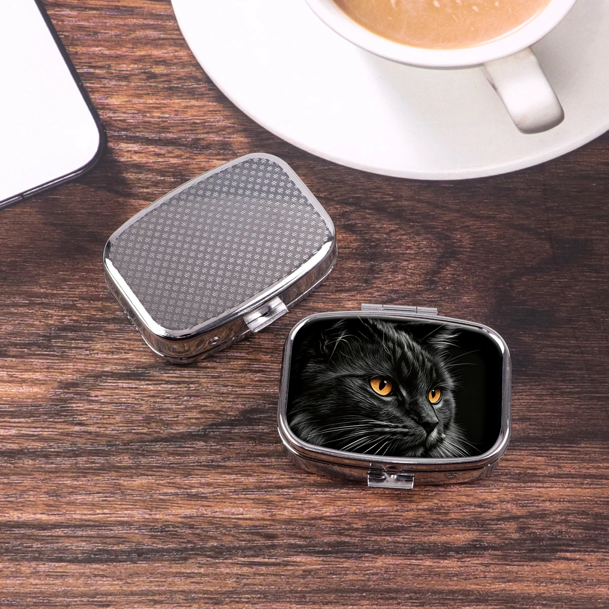 Animal Print 2 Compartments Metal Medicine Box Portable Travel Decorated Sealed Cute Black Cat Pill Organizer Container Storage