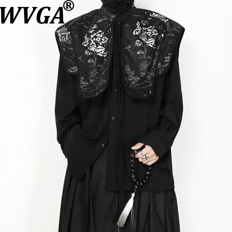 

WVGA Spring Autumn New Men Chinese Style Shawl Fake Two-Piece Stand Collar Shirts Niche Chic Casual Long Sleeved Tops Ins W15911