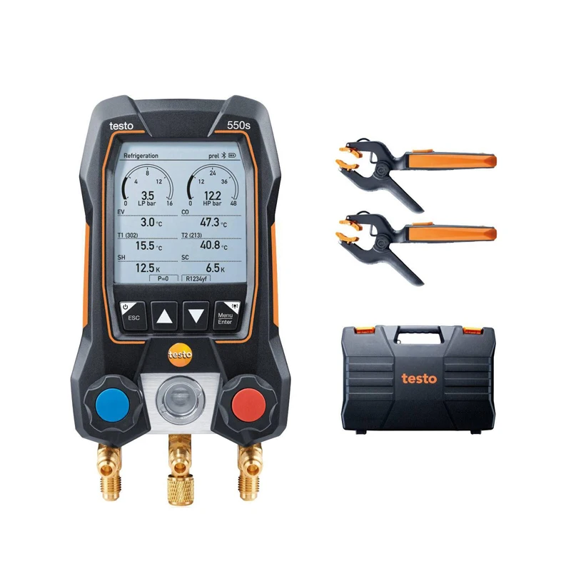 جهاز قياس تبريد بشاشة رقمية ذكية من Testo 550s مع مجموعة صمامات متوافقة مع البلوتوث وثنائية الاتجاه