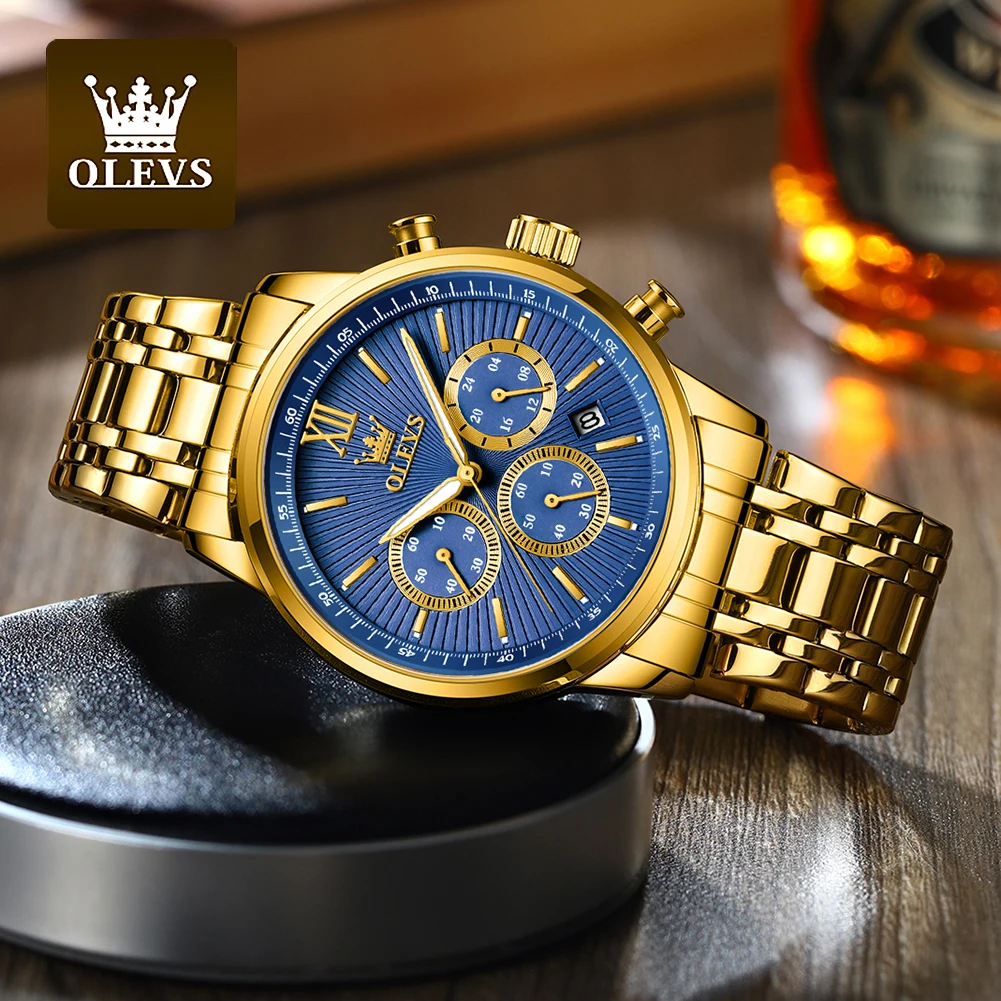 OLEVS Gold Blue Men\'s Watches Date Chronograph Small Dial Exclusive Design Luxury Business Waterproof Stainless steel Wristwatch