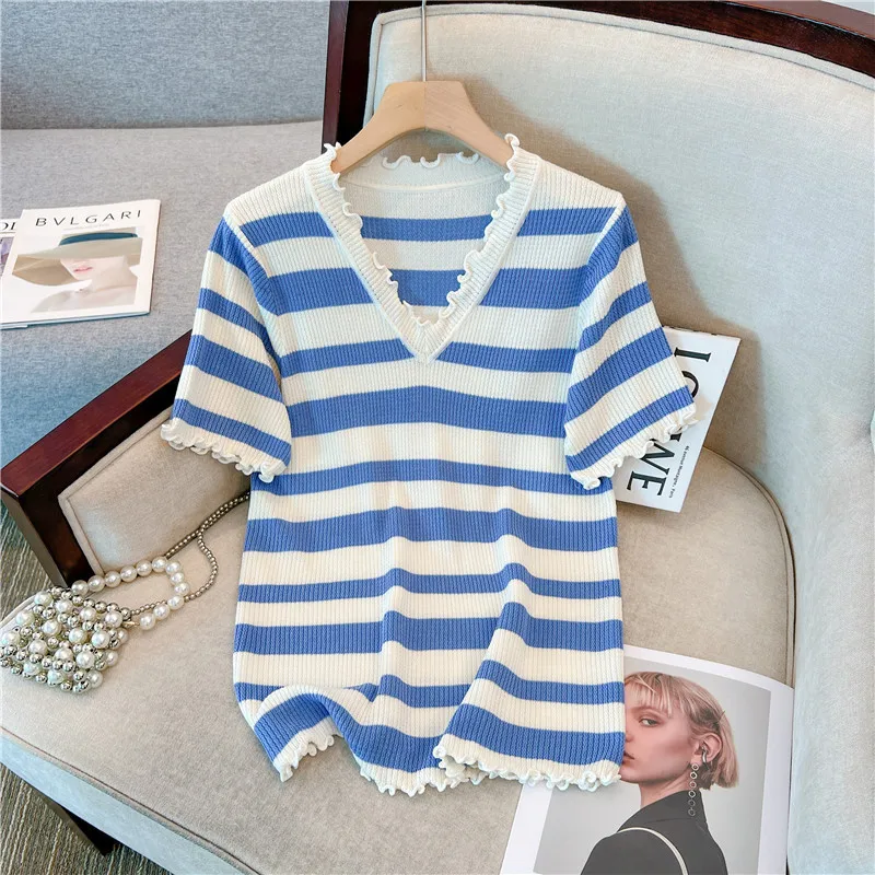 

Summer Korean Oversized Knitted Tshirt Sweater For Women Rainbow Striped Stylish Fashion Loose Tops Tees Short Sleeve Knitwear
